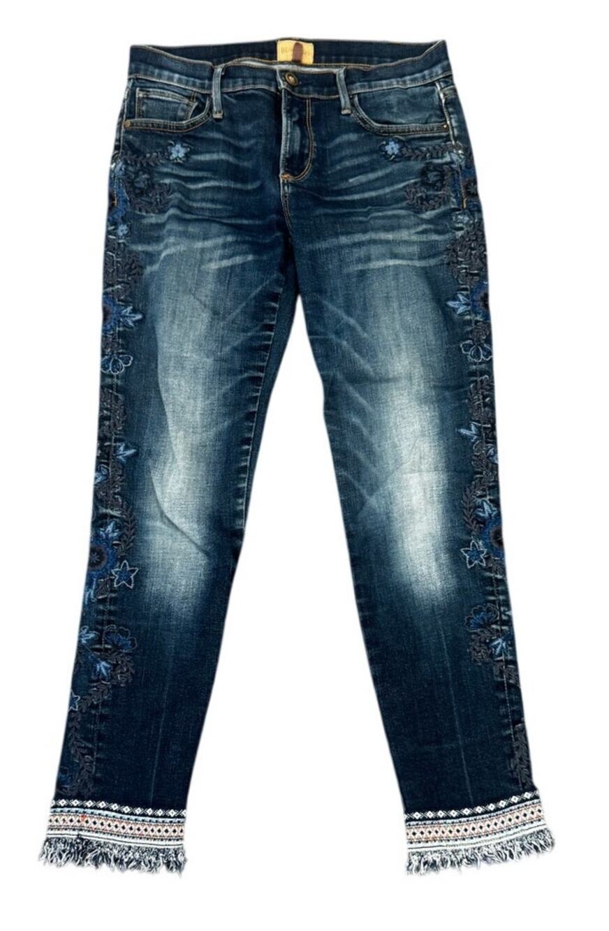 Driftwood Marilyn Embroidered Floral Skinny Jean Fringe Hem Ankle Dark Wash (26)